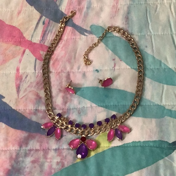 Necklace & earring set pink purple gold stud earrings pretty set - Picture 9 of 10